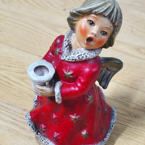 Vtg Goebel Music Box, Christmas Angel Figurine w/Candle Holder Silent Night 1966